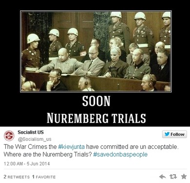 Перевод твита Socialist US: Военные преступления, которые совершила киевская хунта (#kievjunta) неприемлемы. Где Нюрнбергский процесс? #savedonbaspeople